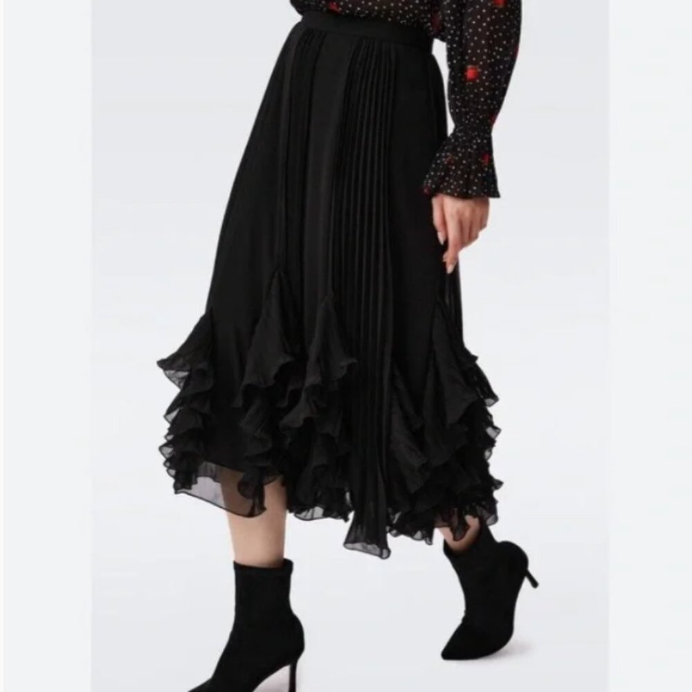 Diane von Furstenberg Pleated Midi Skirt Black Size 6 NWT